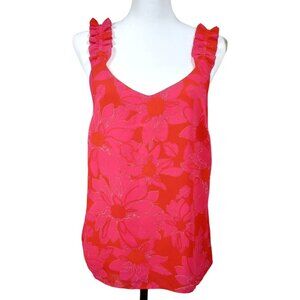 Rose + Olive Womens Chic Hot PInk/Orange Gold Thread Floral Ruffle Strap Tank To